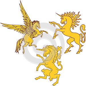 Set of mythic heraldic unicorns and pegasus