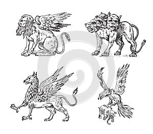 Set of Mythological animals. Cerberus Sphinx Griffin Mythical Basilisk Birds. Greek creatures. Engraved hand drawn