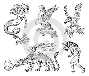 Set of Mythological animals. Mermaid Minotaur Chinese dragon Harpy Griffin Mythical Basilisk Roc Woman Bird. Greek photo