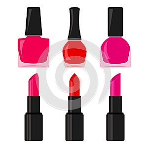 Set of nail polish bottle and lipstick. Vector illustration