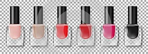 Set of nail polish bottles with colorful varnish. Realistic lacquer nail polish glass containers for manicure isolated