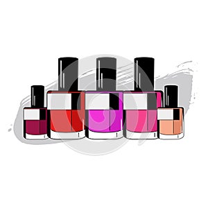 Set of nail polish with drop of varnish. Isolated vector clipart side view. Drawn makeup for design