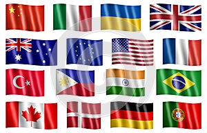 Set of National flag USA, Canada, Russia, UK, Australia, Eu, China, France, Turkey, Philippines, India, Brasil, Italy, Denmark,