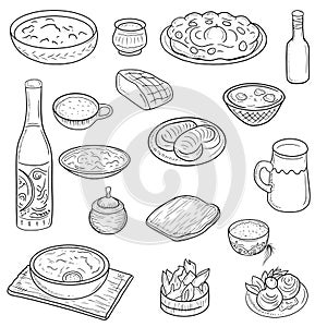 Set of national ukrainian food beverage, drinks, soup, meat pieces, pork, porridge, breakfast, dinner in black. Hand drawn vector