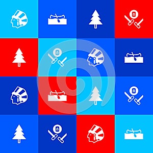 Set Native American Indian, Kayak or canoe, Christmas tree and Curling sport game icon. Vector