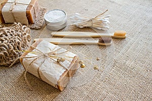 Set of natural bathroom and home spa tools. Zero waste and lifestyle concept with copy space