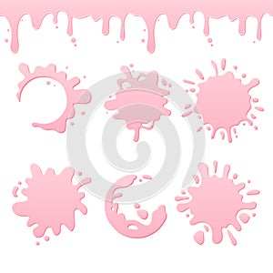 Set of natural dairy products, pink yogurt or cream blots and splash, dripping liquid seamles. Vector design template
