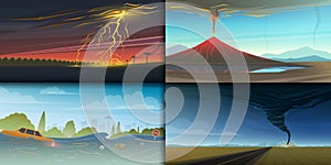 Set of natural disaster or cataclysms. Catastrophe and crisis Background. Realistic Tornado or storm, Lightning Strike