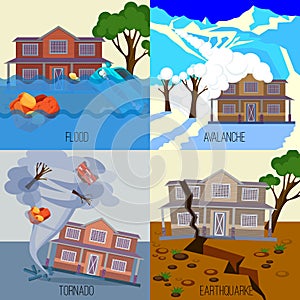 Set of natural disasters banners tornado, earthquake, avalanche, flood