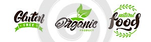 Set of natural eco labels , logos. Vegan, Bio, gluten in lettering style. Vector