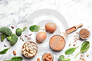 Set of natural food high in protein and space for text