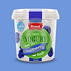 Natural classic Greek nonfat yogurt jar with blueberry pieces , commercial vector advertising mock-up photo