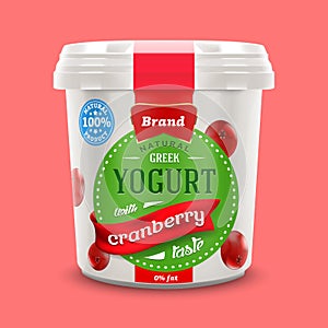 Natural classic Greek nonfat yogurt jar with cranberry pieces , commercial vector advertising mock-up photo
