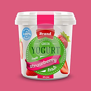 Natural classic Greek nonfat yogurt jar with strawberry pieces , commercial vector advertising mock-up photo
