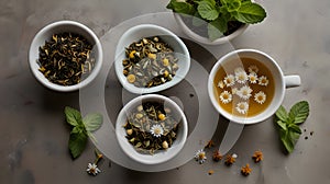 Set of Natural Herbal Teas with Fresh Mint and Chamomile