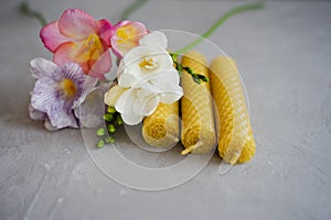 Set of Natural honey wax candles. Bouquet of freesias.