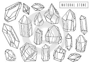 Set natural ink set. Mineral crystal collection. Line hand drawn design. Sketch style