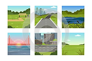 Set of natural landscapes. Park, meadow, lake, river, cityscape scene with road summer background vector illustration