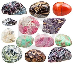 Set of natural mineral tumbled gemstones isolated