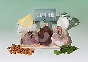 A set of natural products rich in vitamin B1 Thiamine. Healthy food concept. Cardboard sign with the inscription.