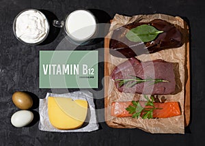 A set of natural products rich in vitamin B12 cobalamin. Healthy food concept. Cardboard sign with the inscription.