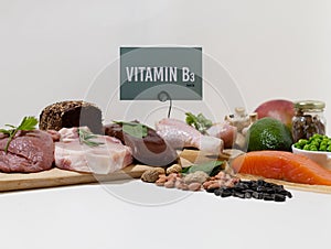 A set of natural products rich in vitamin B3 Niacin. Healthy food concept. Cardboard sign with the inscription.