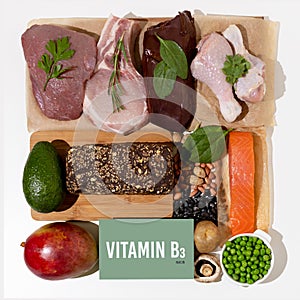 A set of natural products rich in vitamin B3 Niacin. Healthy food concept. Cardboard sign with the inscription.