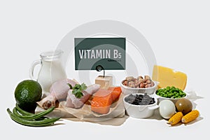 A set of natural products rich in vitamin b5 Pantothenic acid. Healthy food concept. Cardboard sign with the inscription