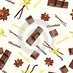 set of natural vanilla flowers and sticks, chocolate slices and satr anis, seamless vector illustration for textile