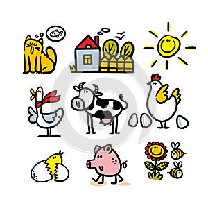 Set of nature in countryside farm life animals. Vector illustration of pets, birds and flowers in the garden near the