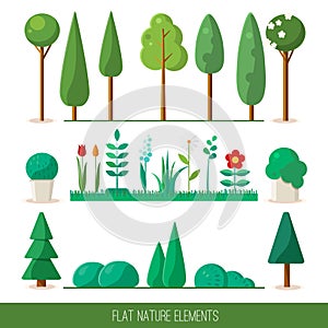 Set of nature elements: trees, spruce, bushes, flowers, grass.