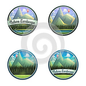 Set of nature emblem of mountain landscape with river and coniferous forest isolated on white background.