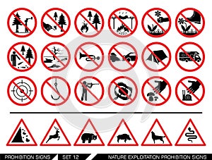 Set of nature exploitation prohibition signs