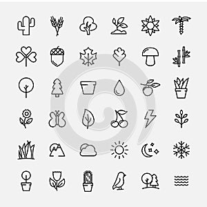 Set of nature icons in modern thin line style.