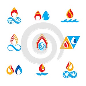 Set of nature power symbols, composition of water and fire elements. Vector illustrations for use in advertising.