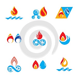 Set of nature power symbols, composition of water and fire elements.