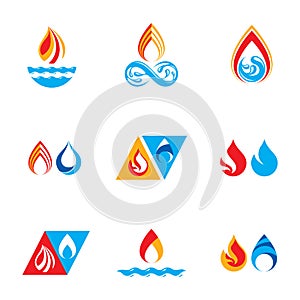 Set of nature power symbols, composition of water and fire elements. Vector illustrations for use in advertising.