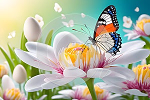 Set of Nature, white flowers with butterflies swarming. Background wallpaper.