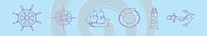Set of nautical cartoon icon design template with various models. vector illustration isolated on blue background