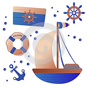 Set of nautical elements for marine design, including a Yacht, steering wheel, life ring, chest, and anchor. vector