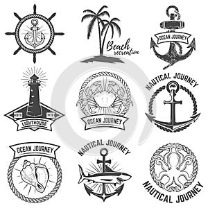 Set of nautical emblems on white background. Design ele