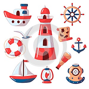 Set of nautical icons in a flat style. Marine transport vector icons for web design isolated on white background
