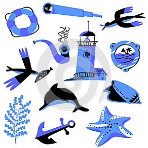Set with nautical objects. Marine collection . Vector illustration
