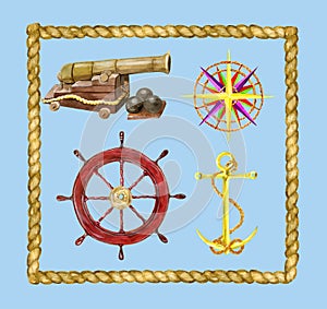 Set with nautical objects and rope frame