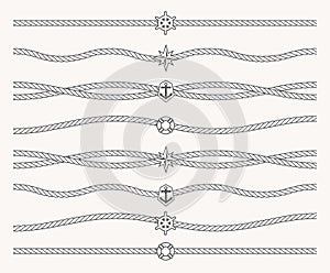 Set of Nautical rope with marine symbols in center of line. Border line, underline, line for frame. Seamless sailor