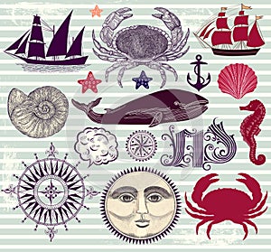 Set of nautical and sea symbols