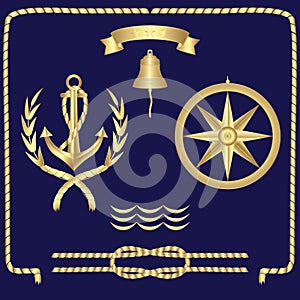 Set of nautical symbols anchor, ropes, compass, waves.