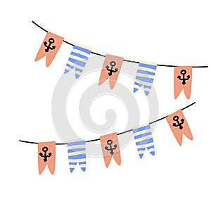 Set of nautical vector bunting garlands in blue and red color
