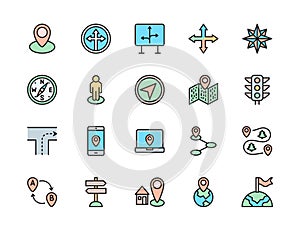 Set of Navigation Color Line Icons. Compass, Location Pin, Wind Rose and more.