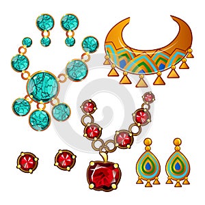 Set of necklaces and earrings with colorful gemstones isolated on white background. Vector cartoon close-up illustration.